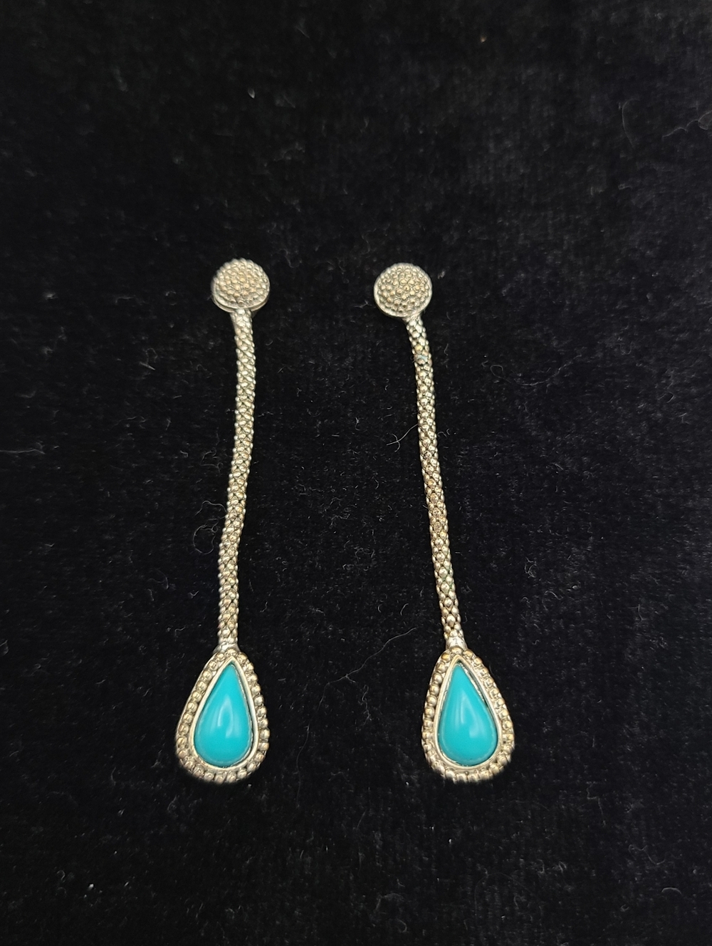 Turquoise Teardrop Chain Drop Earrings - Silver Tone